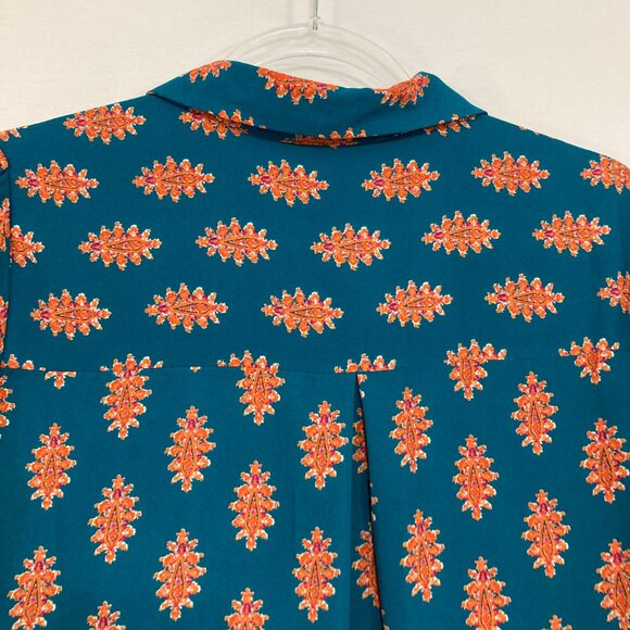 New Rose & Olive Large Blue Orange Boho Print Soft Flowy Long Sleeve Button Up - Picture 11 of 12